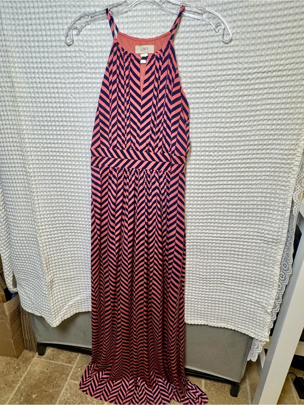 LOFT Coral and Navy Chevron Maxi Dress- Size XS